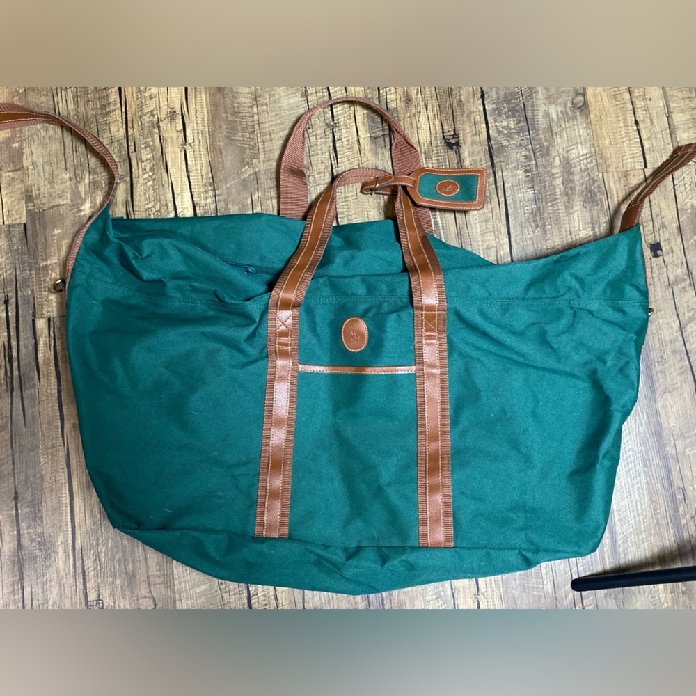 Vintage Polo Ralph Lauren Green Duffle Bag Weekend Travel Carry On Leather Trim